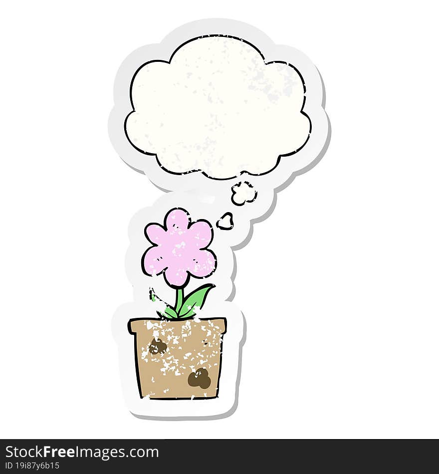 Cute Cartoon Flower And Thought Bubble As A Distressed Worn Sticker