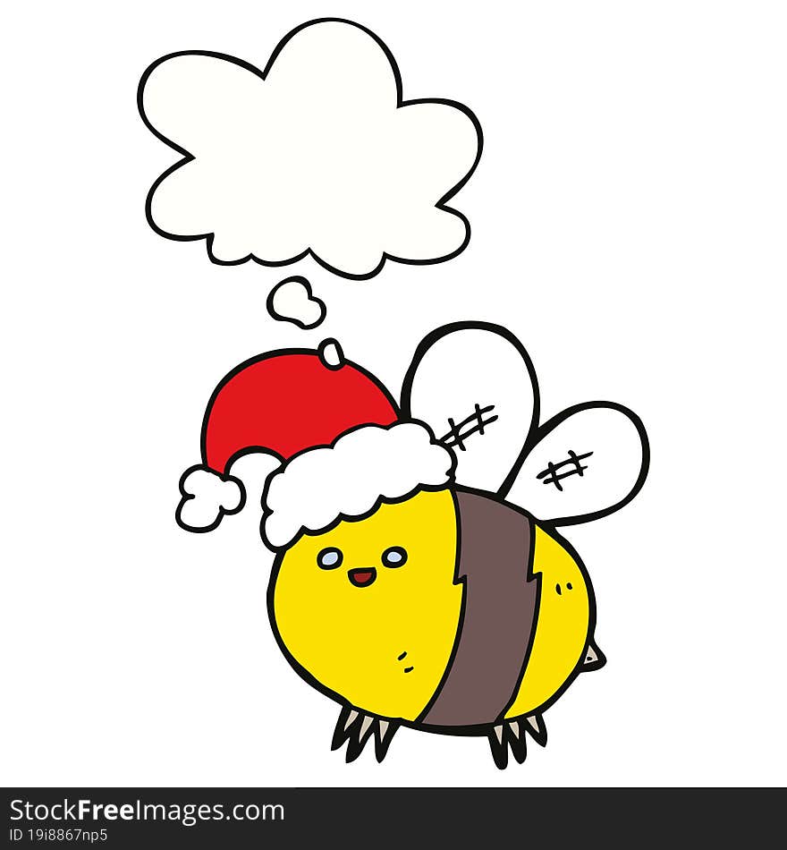 cute cartoon bee wearing christmas hat with thought bubble