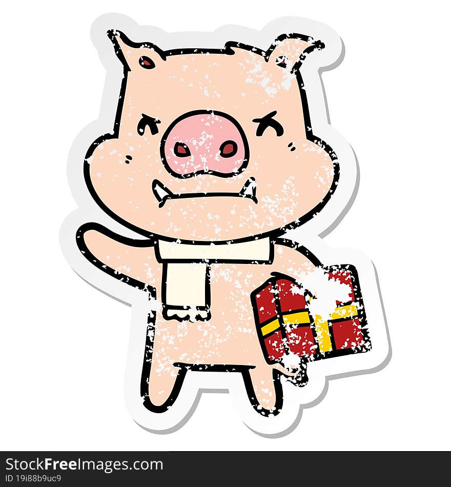 distressed sticker of a angry cartoon pig with christmas gift