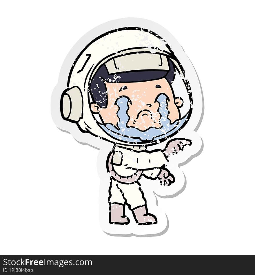 distressed sticker of a cartoon crying astronaut