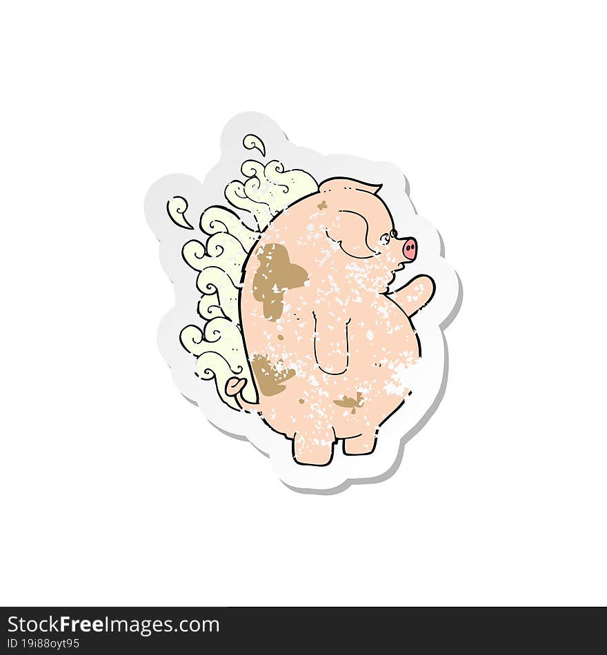 retro distressed sticker of a cartoon fat smelly pig