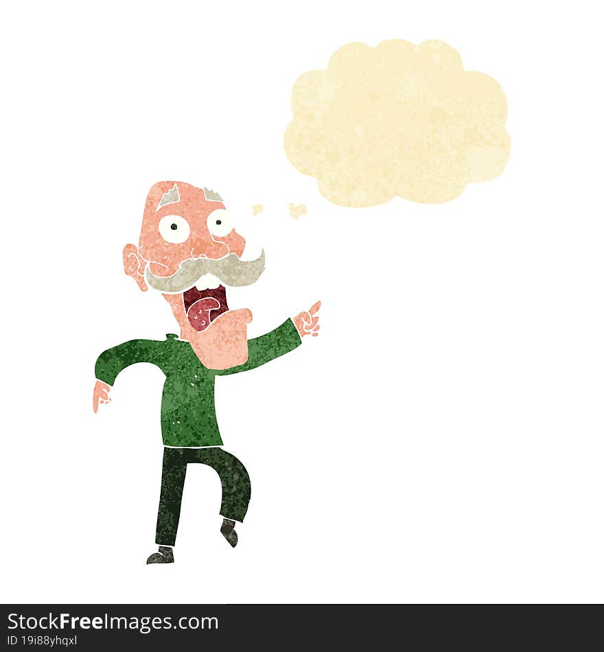 cartoon frightened old man with thought bubble