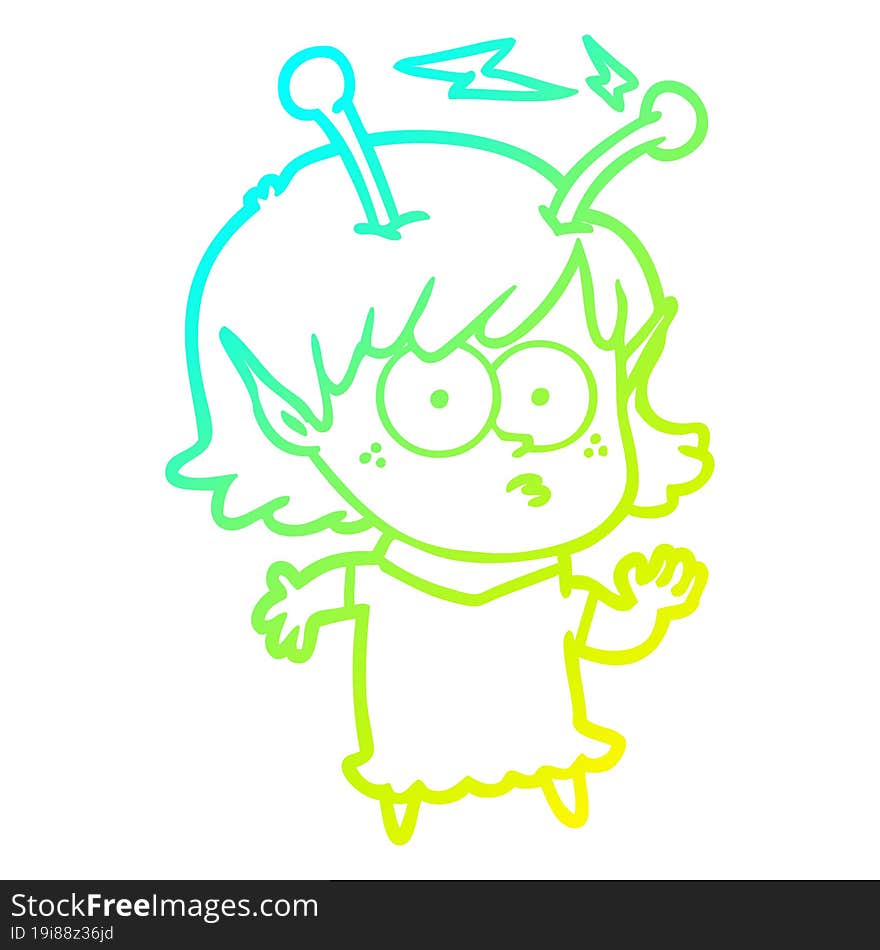 cold gradient line drawing of a cartoon alien girl