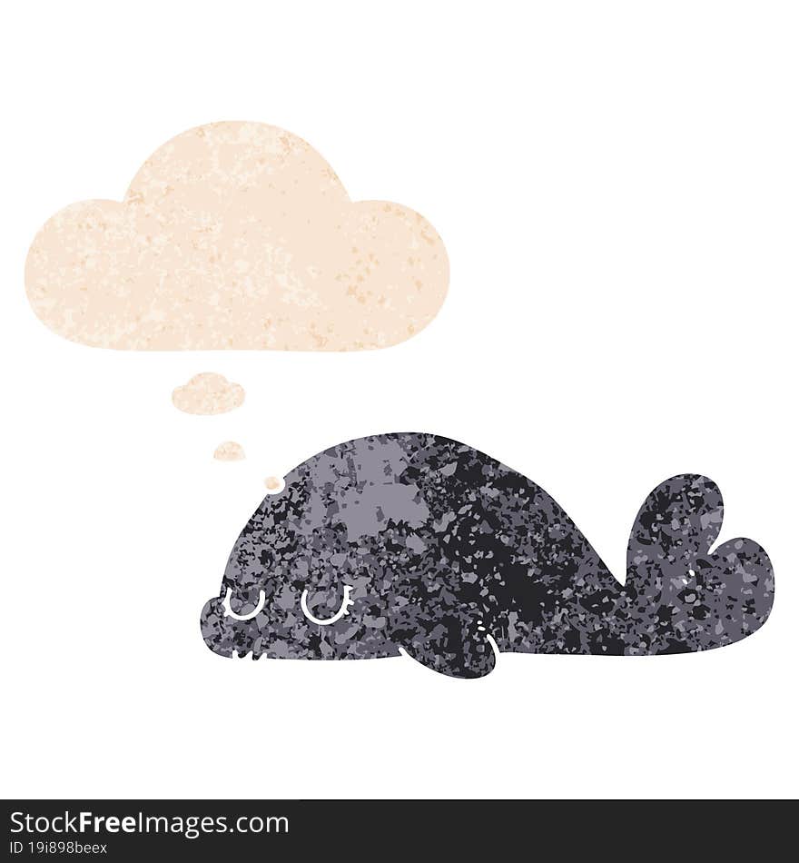 cute cartoon seal and thought bubble in retro textured style