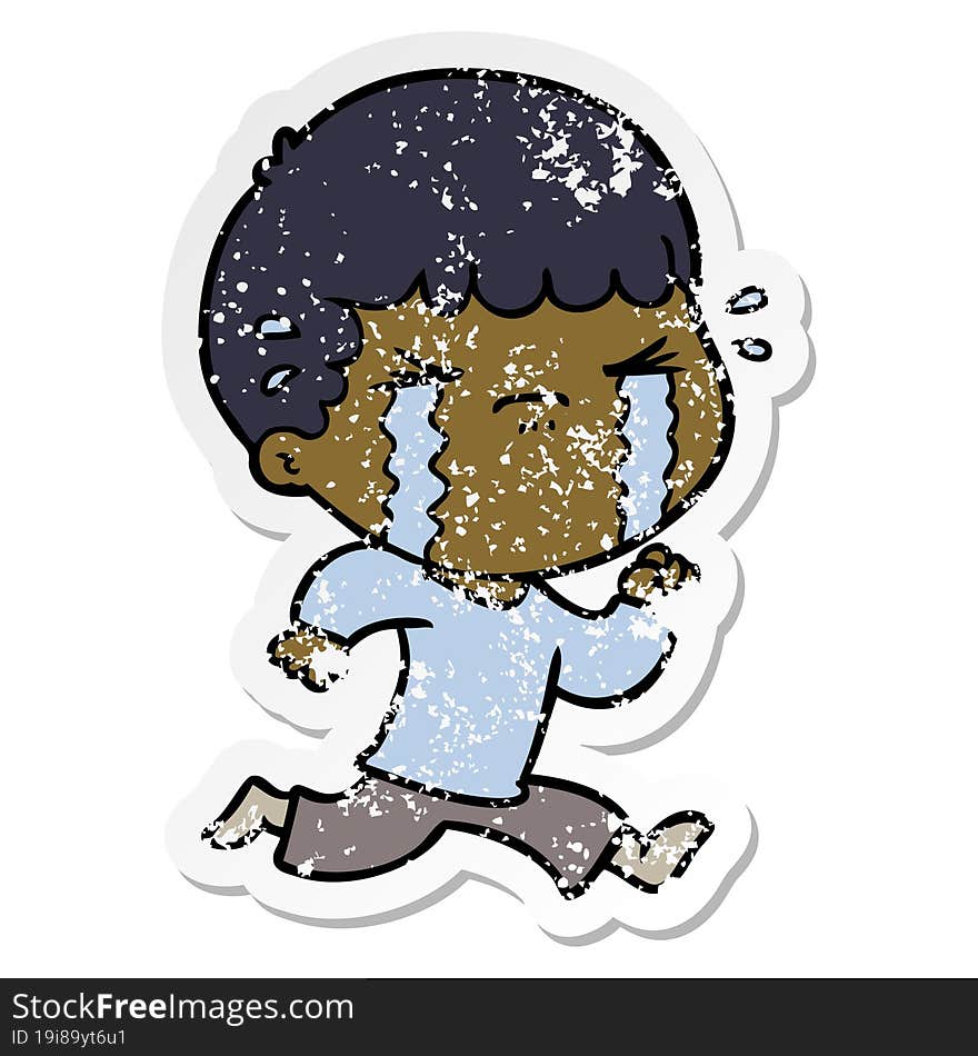 distressed sticker of a cartoon man crying