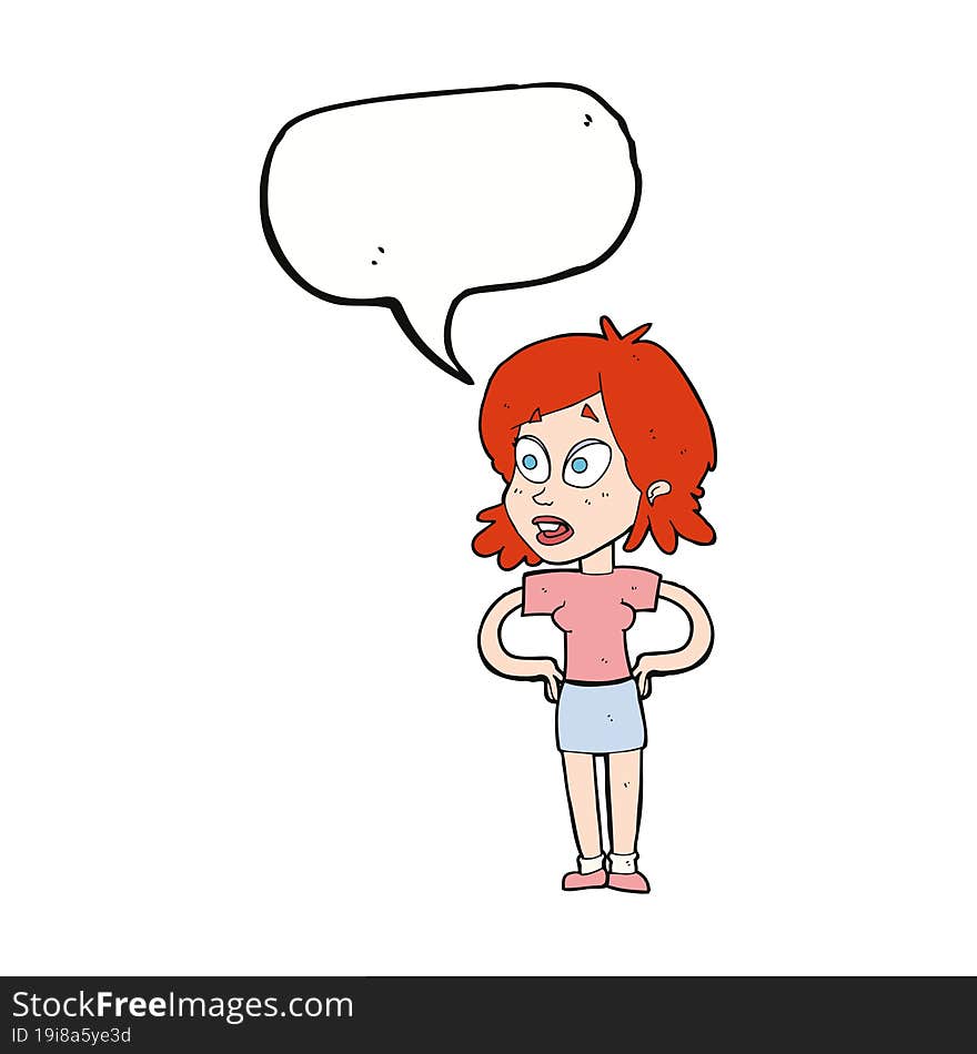 cartoon woman with hands on hips with speech bubble