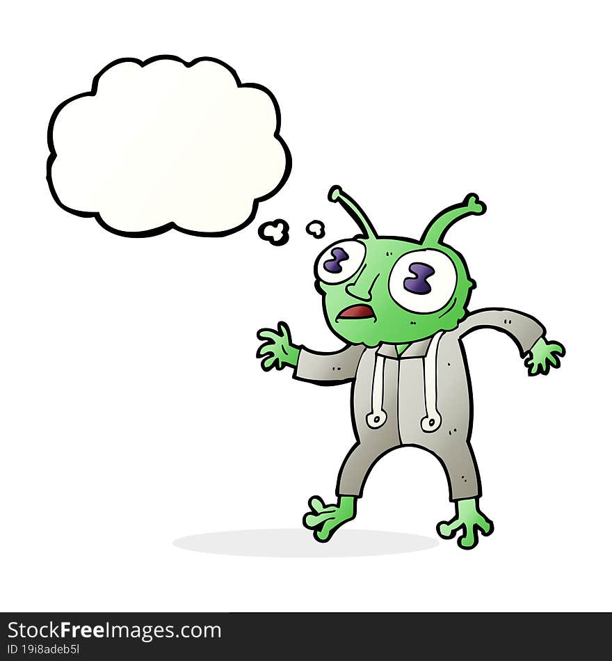 cartoon alien spaceman with thought bubble