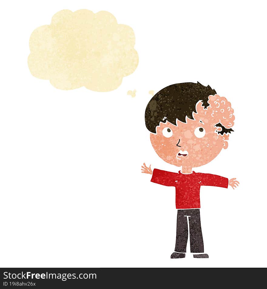 cartoon boy with growth on head with thought bubble