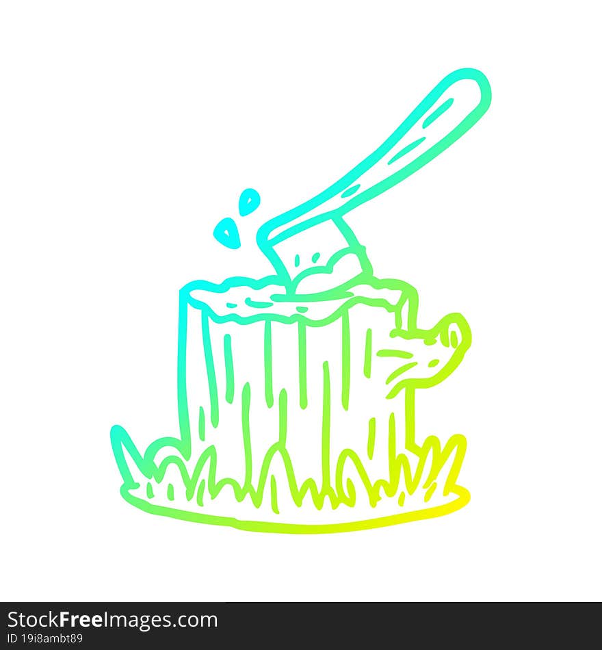 cold gradient line drawing axe stuck in tree stump