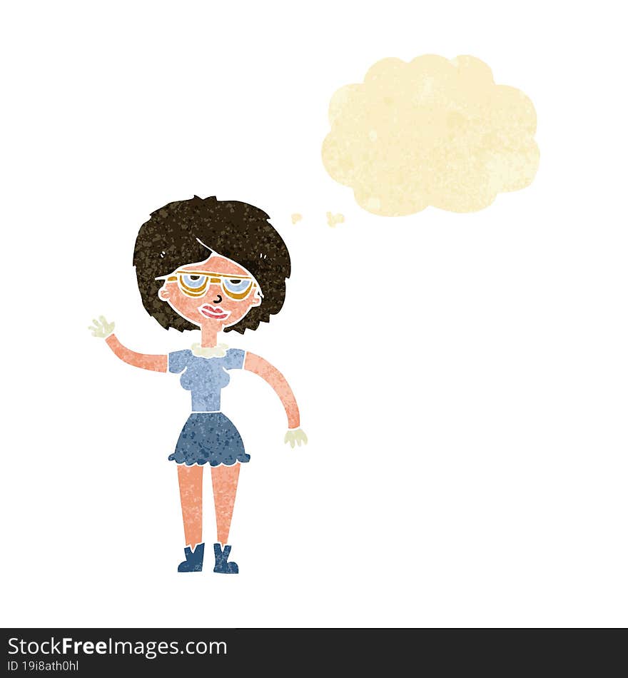 cartoon waving woman wearing spectacles with thought bubble