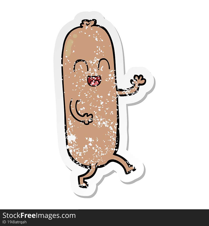 distressed sticker of a cartoon dancing sausage