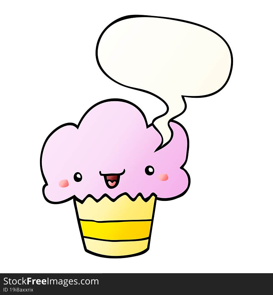 cartoon cupcake with face with speech bubble in smooth gradient style. cartoon cupcake with face with speech bubble in smooth gradient style