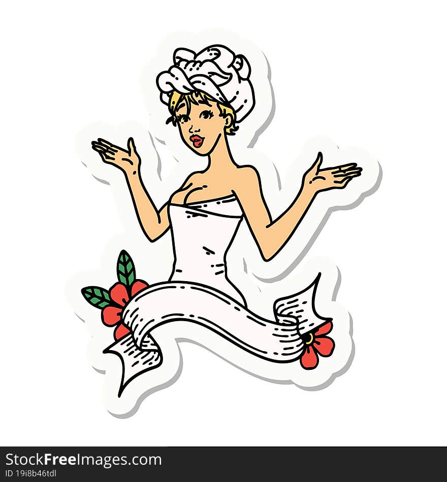 tattoo style sticker of a pinup girl in towel with banner