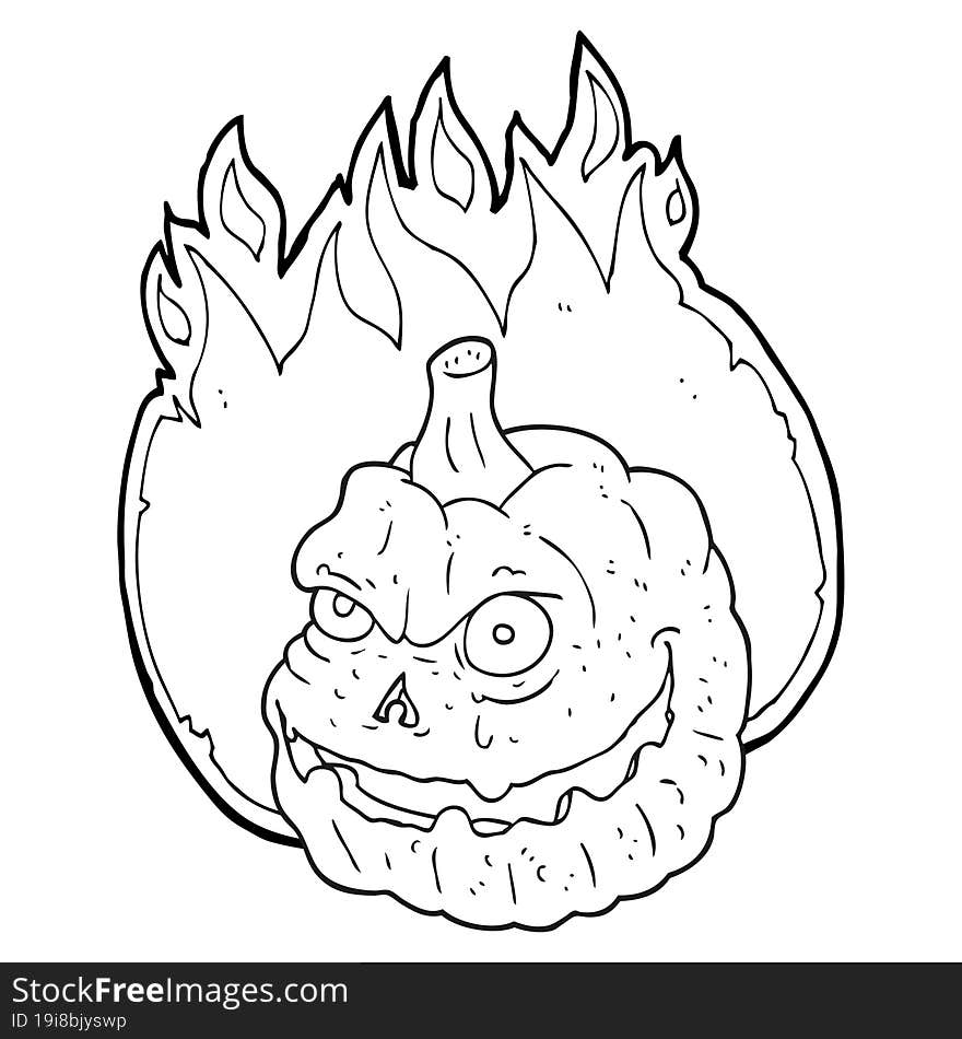 freehand drawn black and white cartoon spooky pumpkin