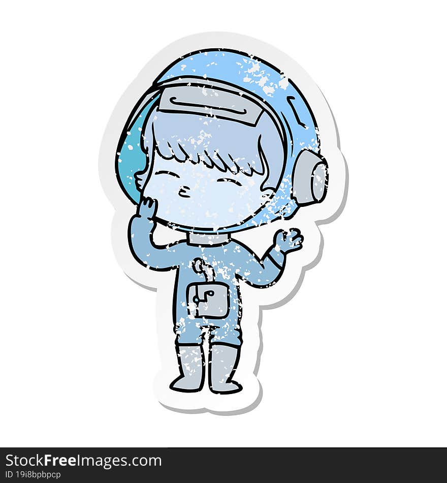 Distressed Sticker Of A Cartoon Curious Astronaut Wondering