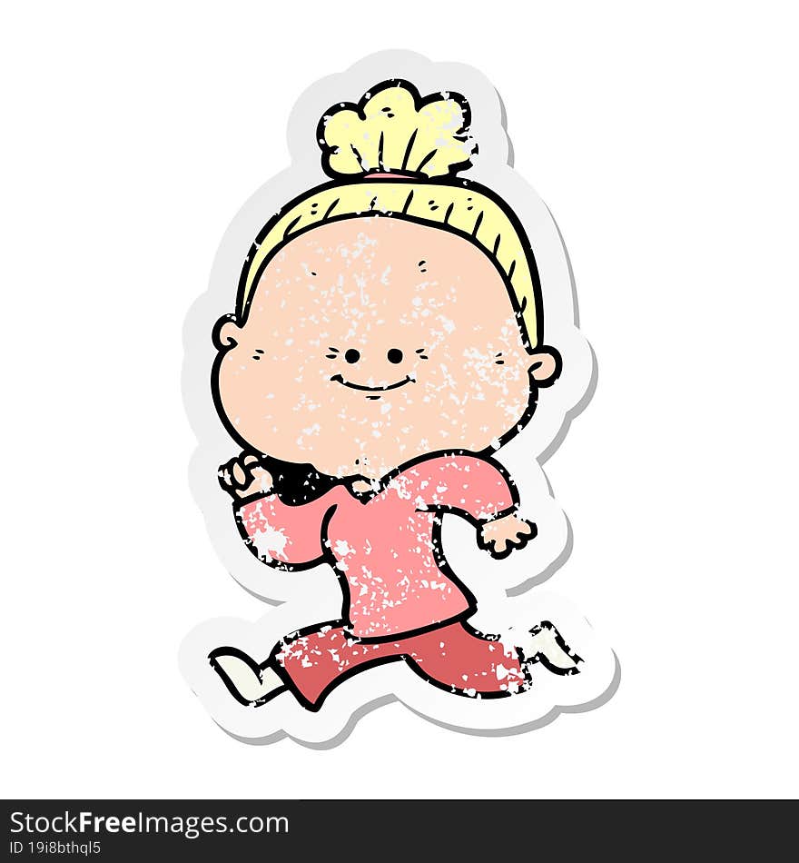 distressed sticker of a cartoon happy old woman