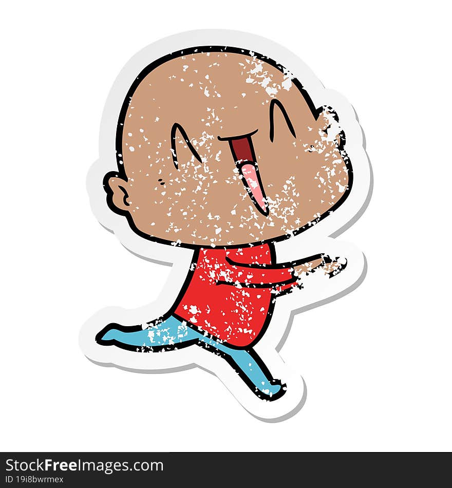 distressed sticker of a happy cartoon bald man