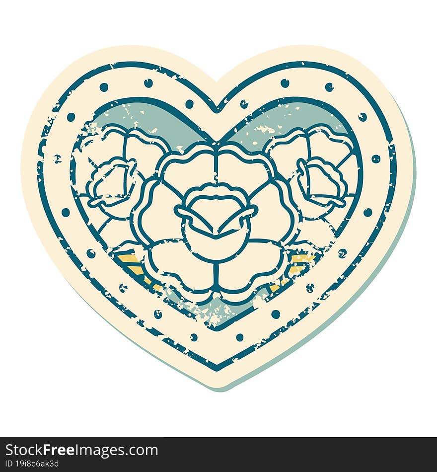 iconic distressed sticker tattoo style image of a heart and flowers. iconic distressed sticker tattoo style image of a heart and flowers