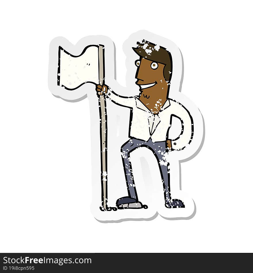 retro distressed sticker of a cartoon man planting flag