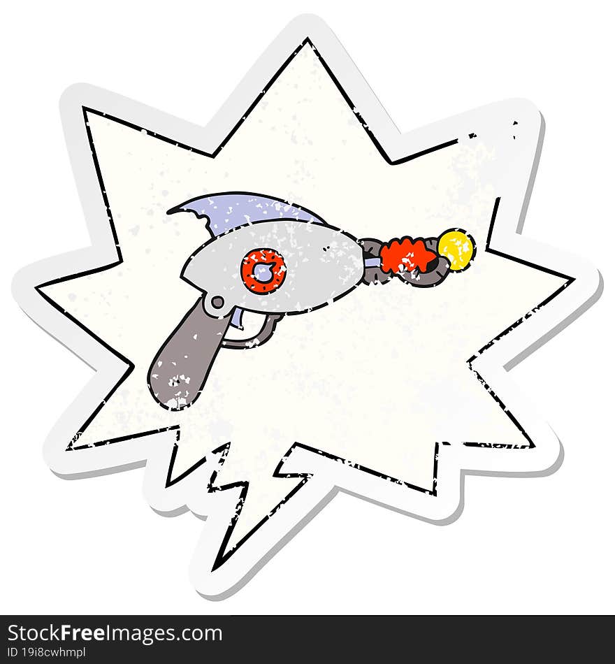 cartoon ray gun and speech bubble distressed sticker