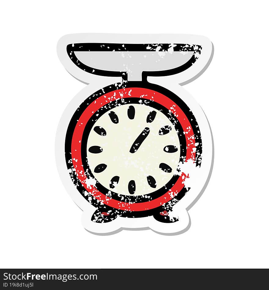 distressed sticker of a cute cartoon weighing scale