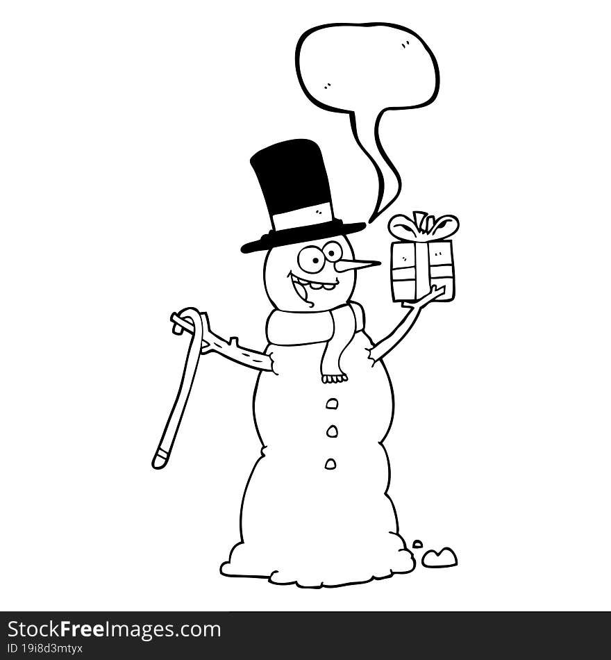 freehand drawn speech bubble cartoon snowman holding present