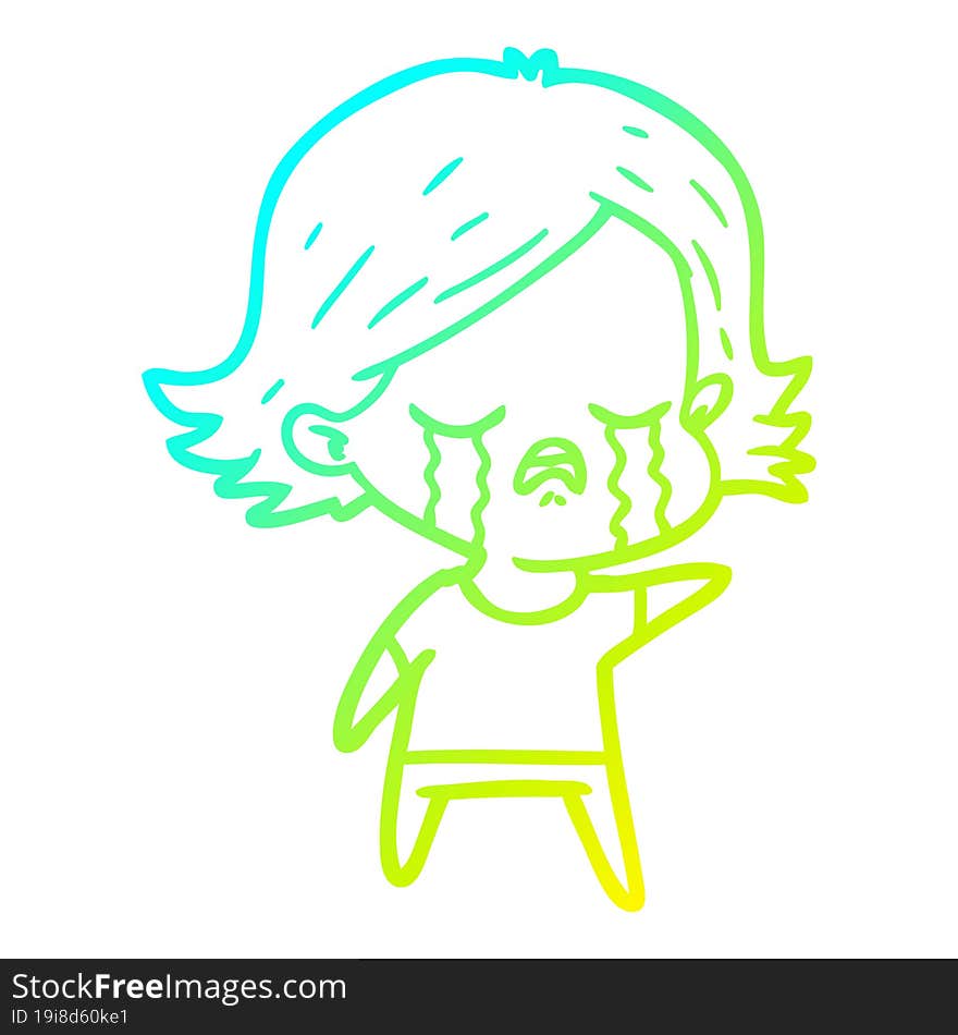 cold gradient line drawing of a cartoon girl crying