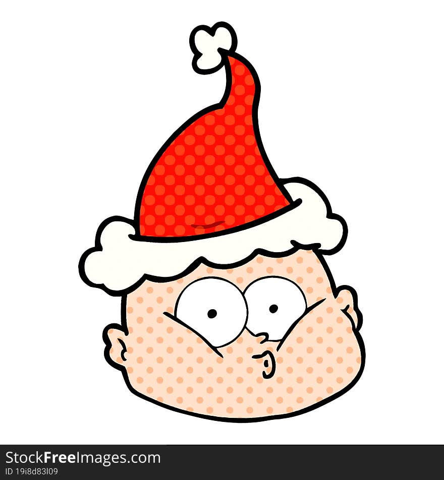 comic book style illustration of a curious bald man wearing santa hat