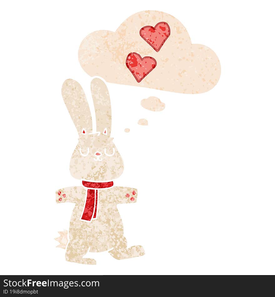 cartoon rabbit in love and thought bubble in retro textured style