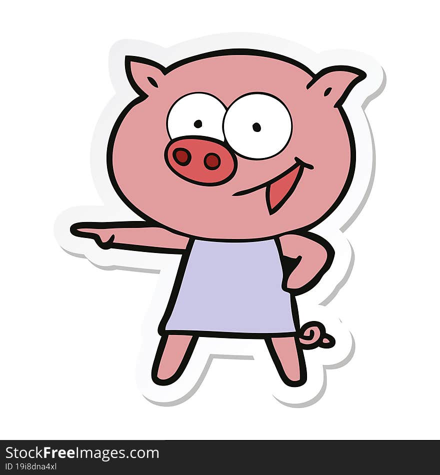 sticker of a cheerful pig in dress pointing cartoon