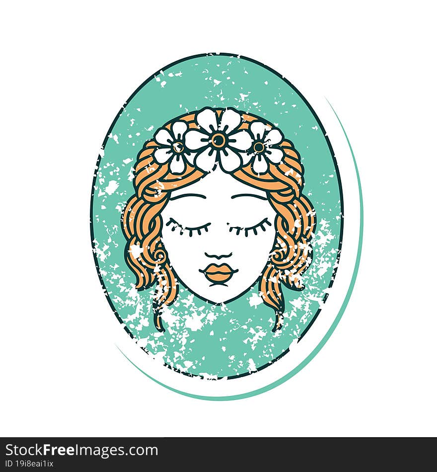 distressed sticker tattoo style icon of a maiden with eyes closed