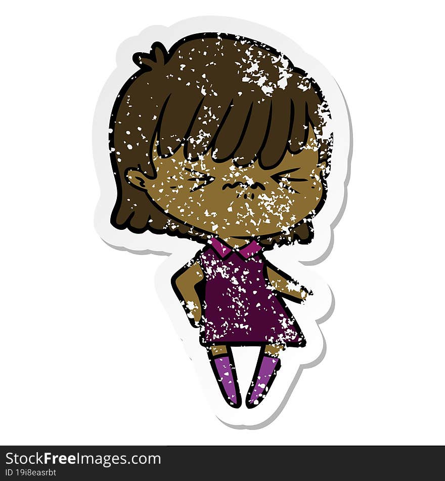 Distressed Sticker Of A Annoyed Cartoon Girl