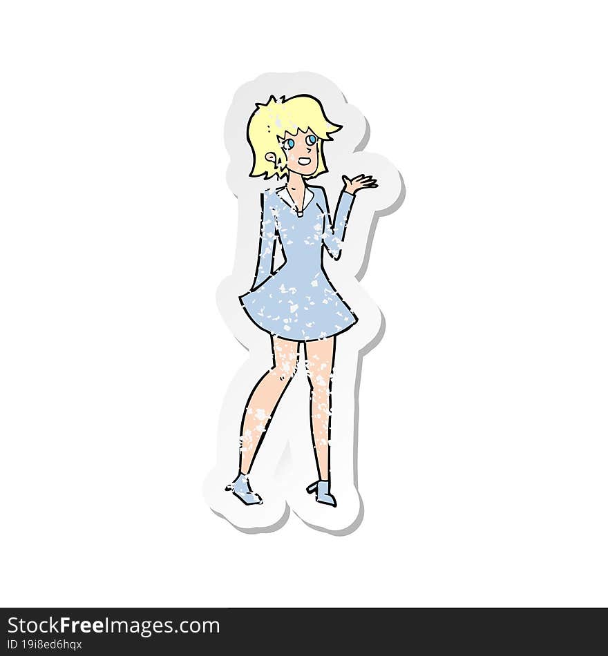 Retro Distressed Sticker Of A Cartoon Pretty Woman In Dress