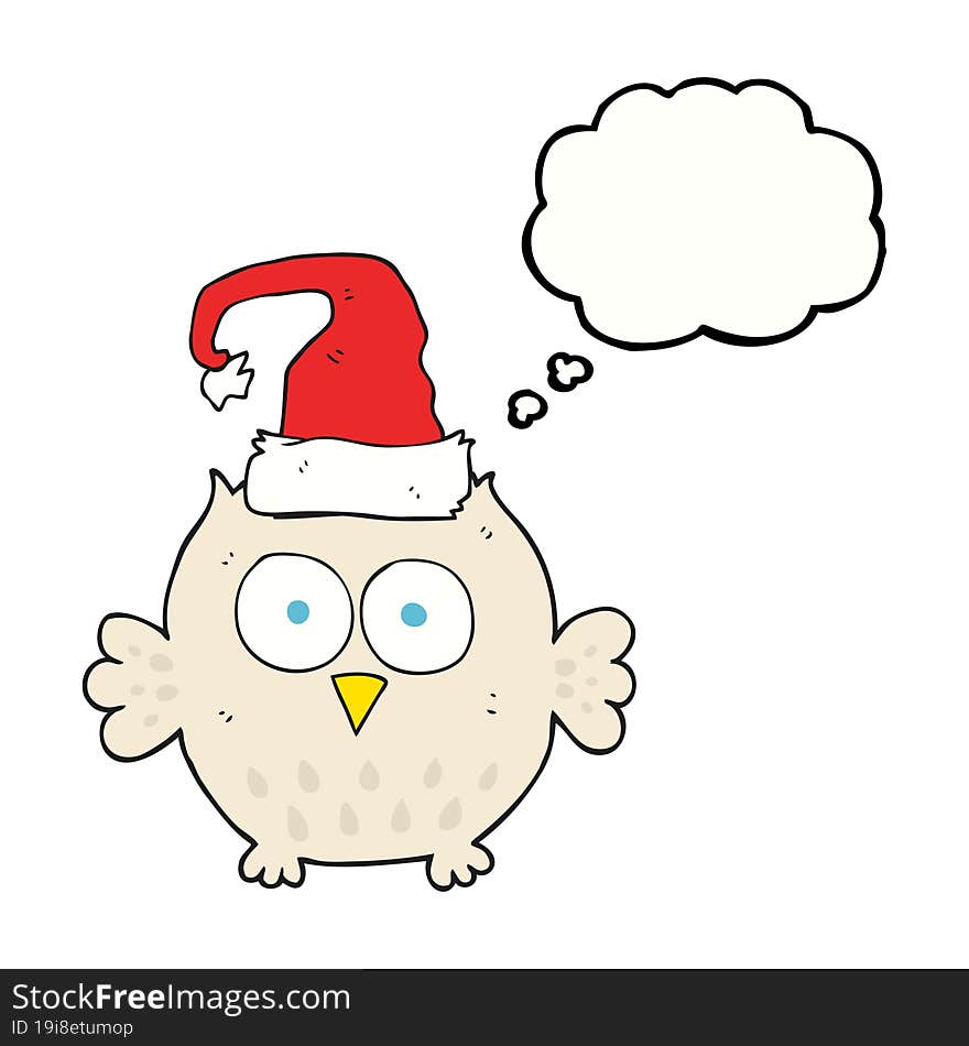 freehand drawn thought bubble cartoon owl wearing christmas hat