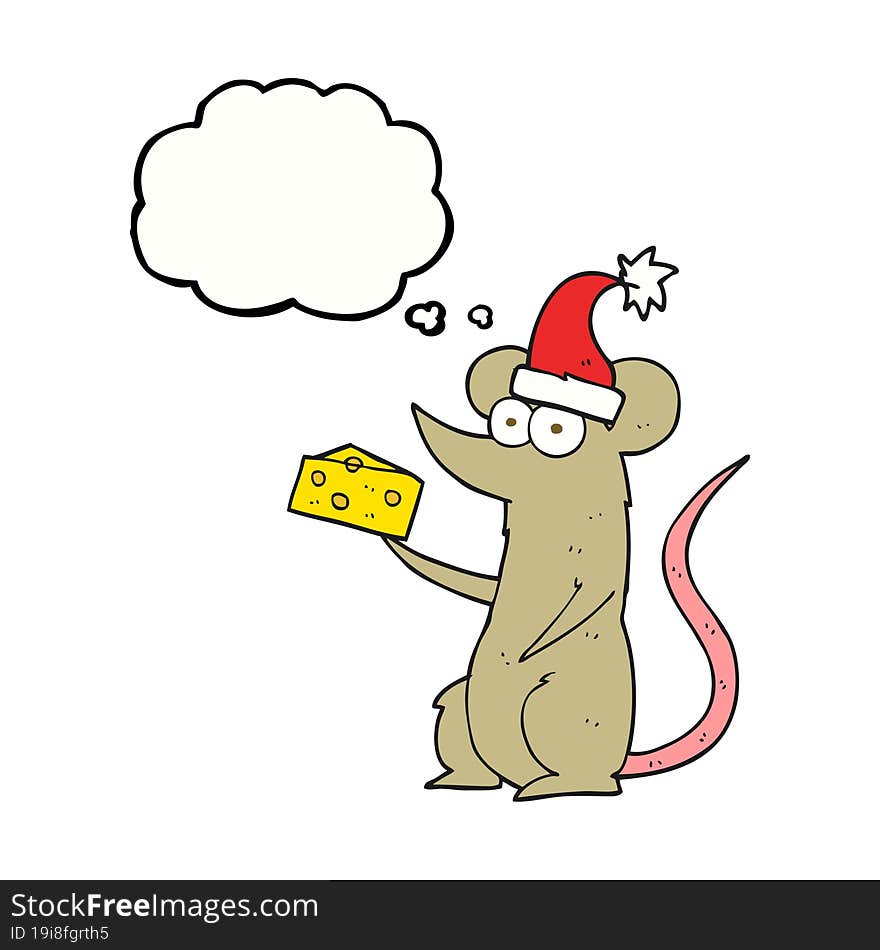 freehand drawn thought bubble cartoon christmas mouse with cheese