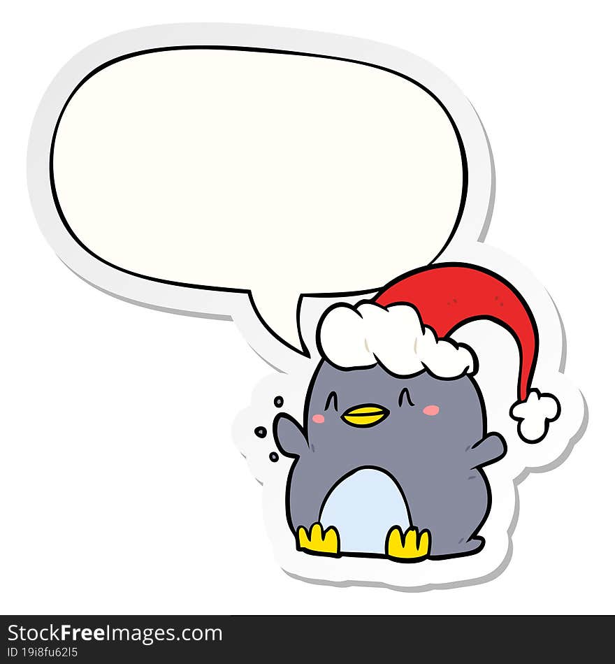 cartoon penguin wearing christmas hat with speech bubble sticker