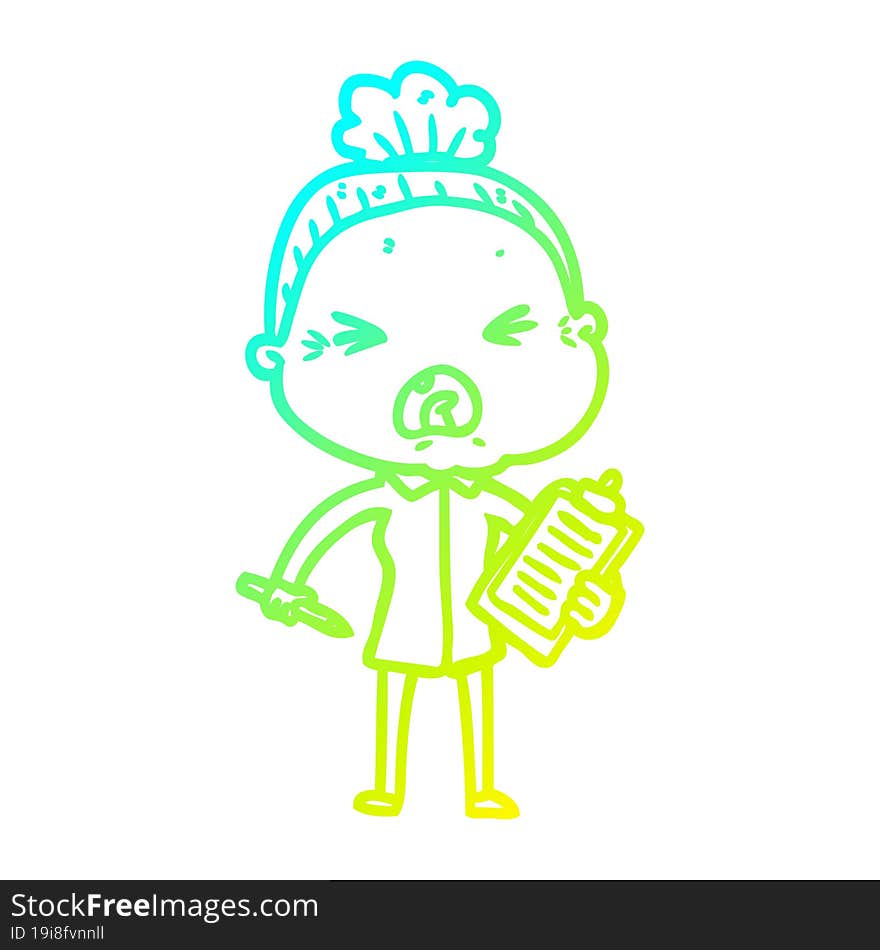 cold gradient line drawing cartoon angry old woman