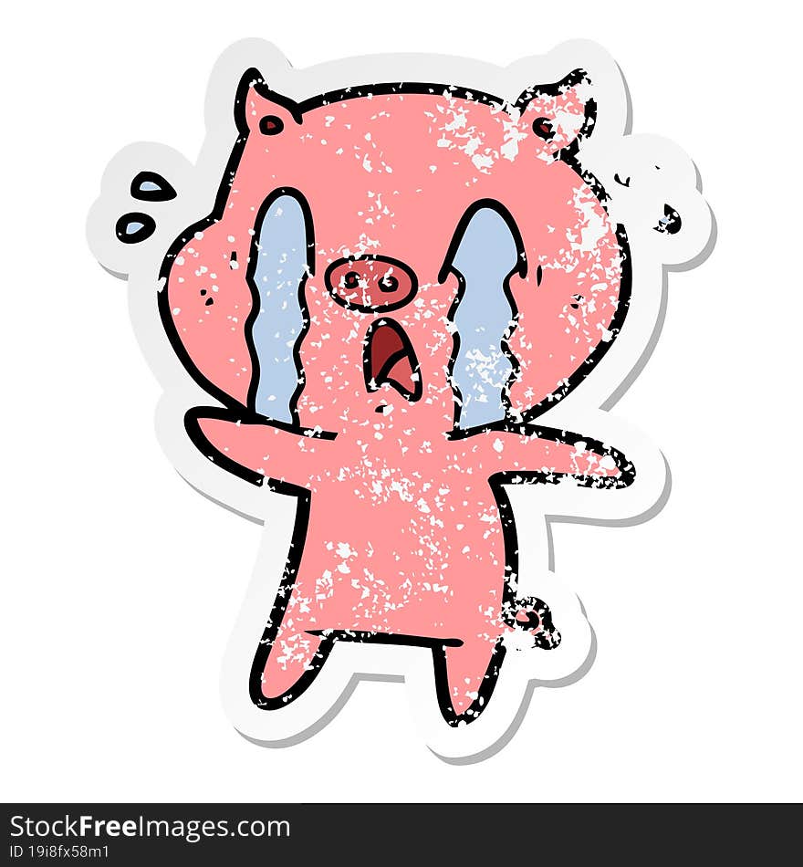 distressed sticker of a crying pig cartoon