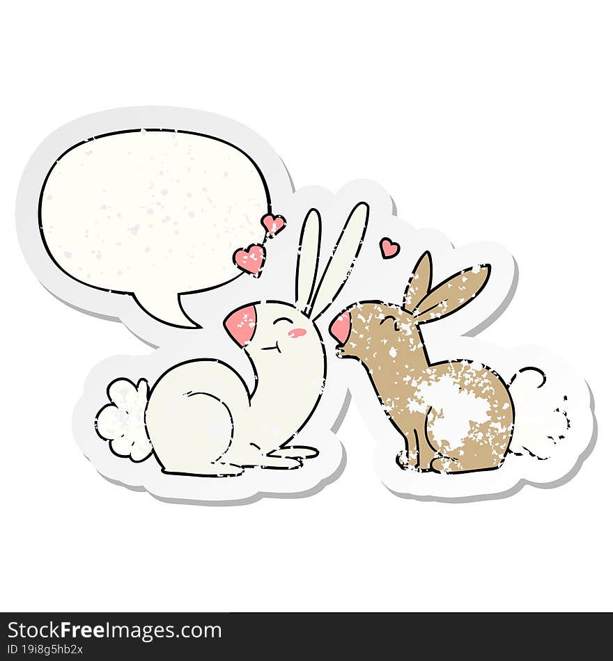 cartoon rabbits in love and speech bubble distressed sticker