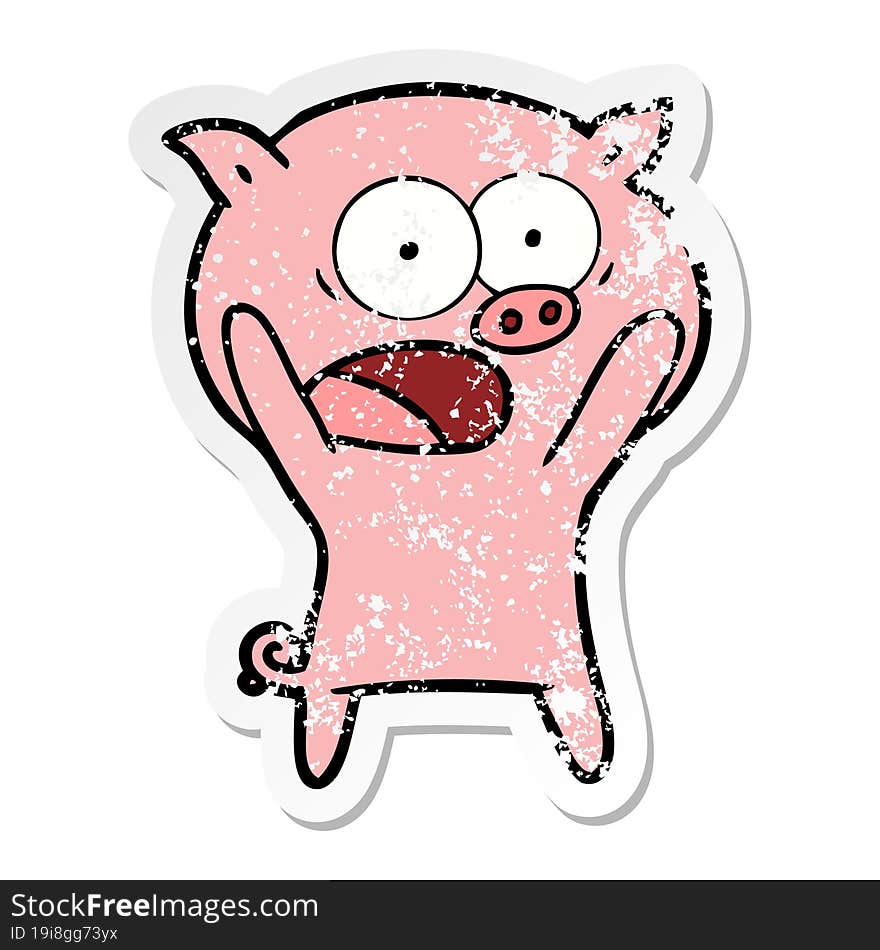 distressed sticker of a cartoon pig shouting