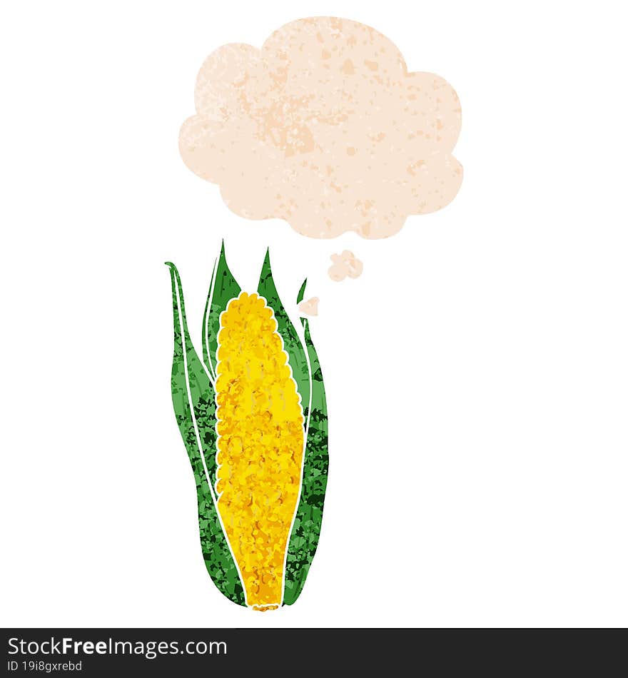 cartoon corn with thought bubble in grunge distressed retro textured style. cartoon corn with thought bubble in grunge distressed retro textured style