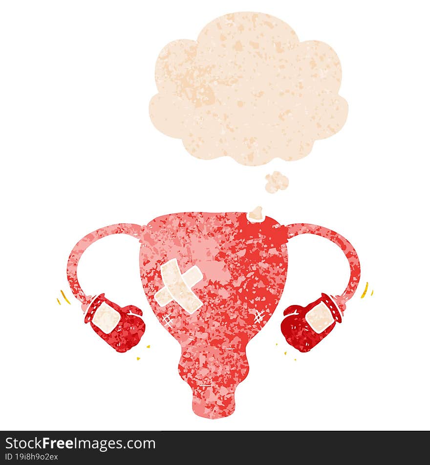 cartoon beat up uterus with boxing gloves and thought bubble in retro textured style