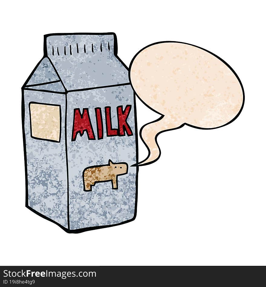 cartoon milk carton and speech bubble in retro texture style