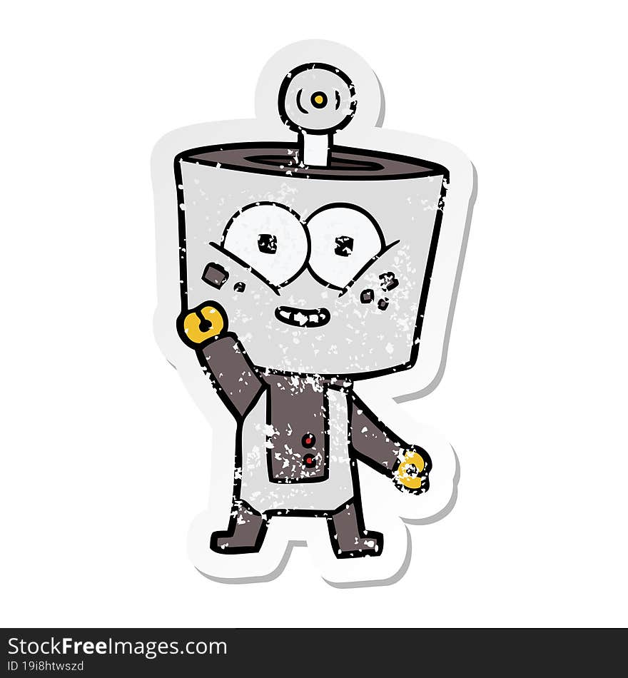 Distressed Sticker Of A Happy Cartoon Robot Waving Hello