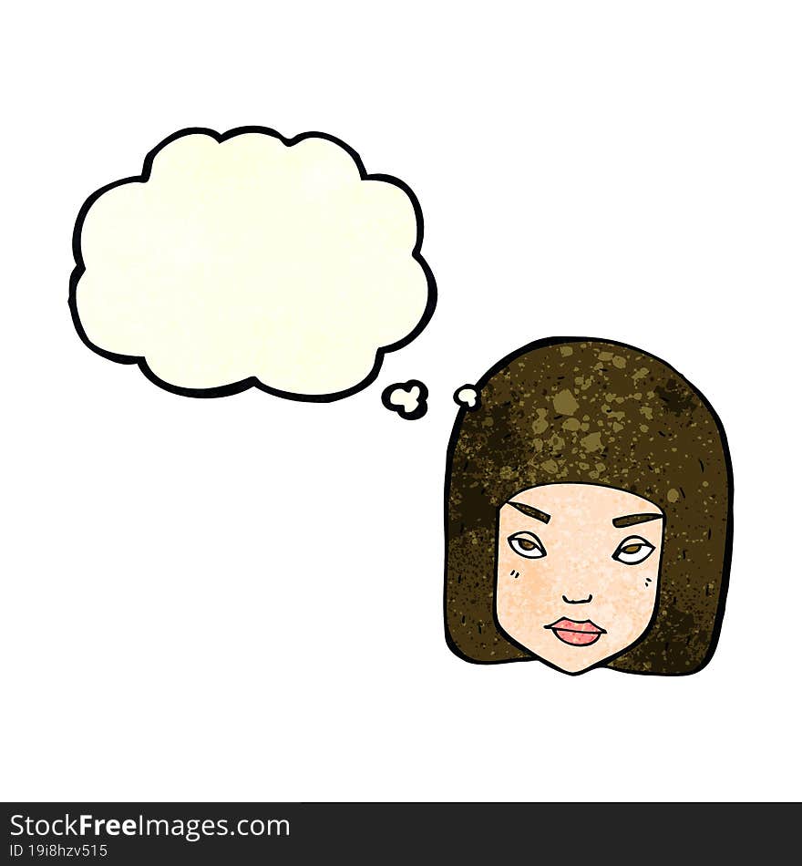 cartoon annoyed female face with thought bubble