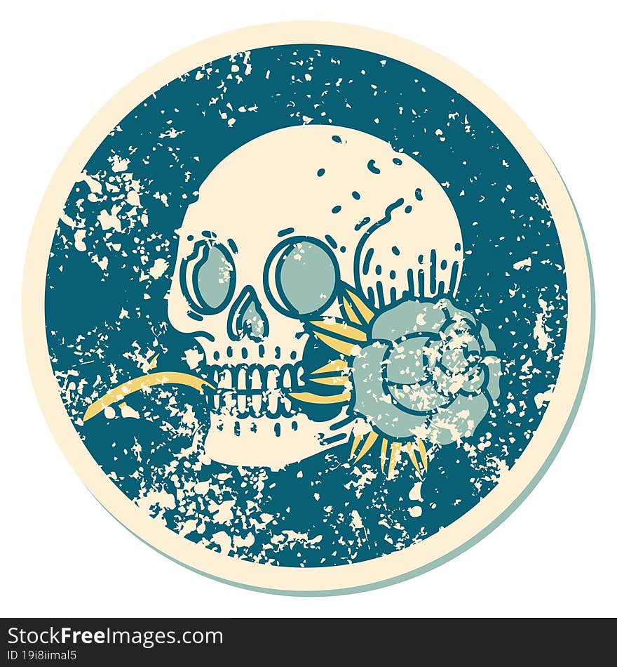 distressed sticker tattoo style icon of a skull and rose