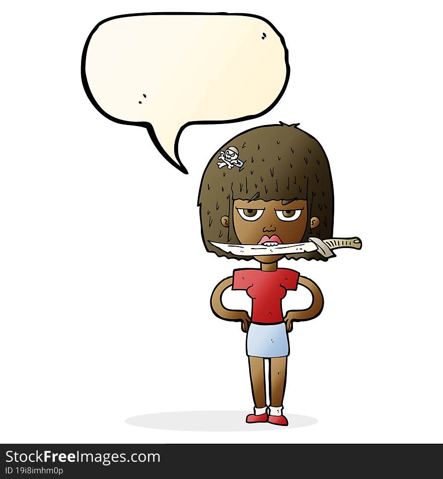 cartoon woman with knife between teeth with speech bubble