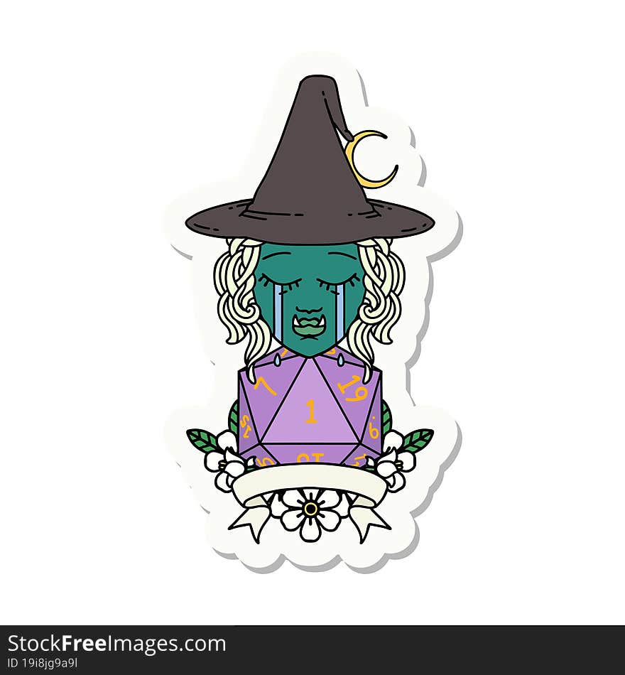 crying half orc witch character with natural one roll sticker