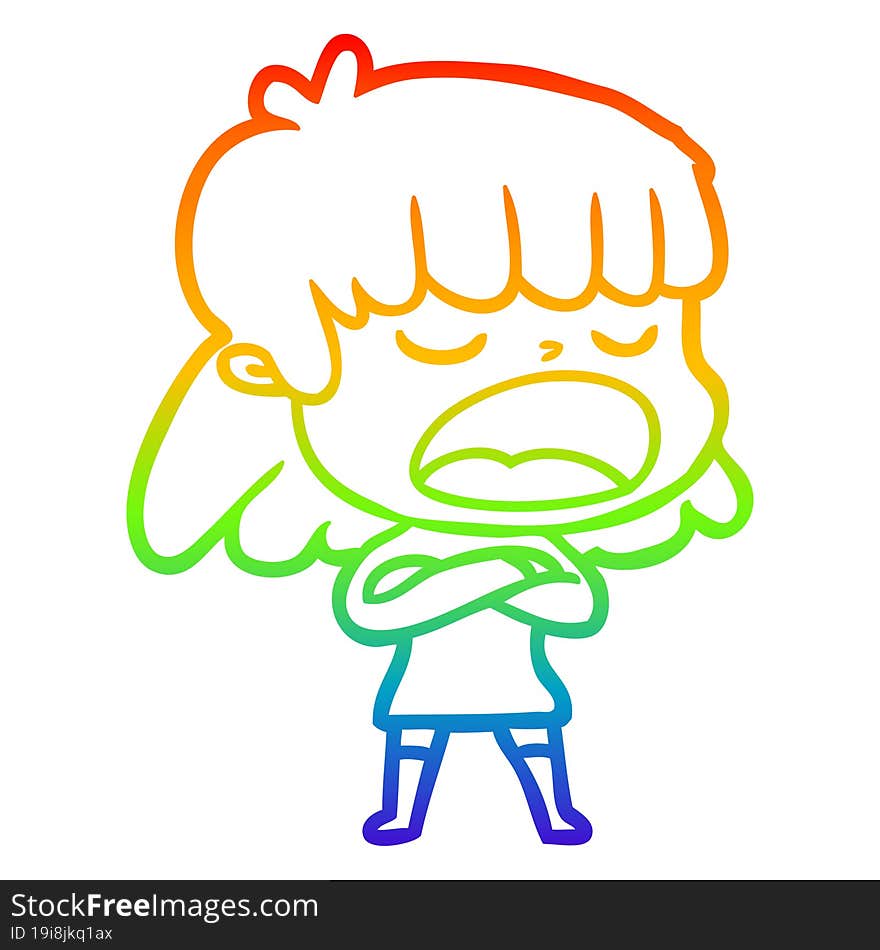 rainbow gradient line drawing cartoon woman talking loudly