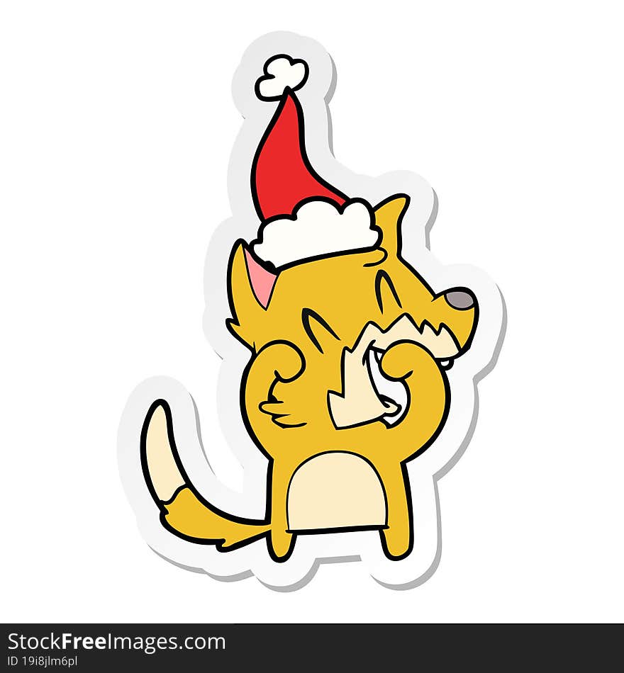 laughing fox hand drawn sticker cartoon of a wearing santa hat. laughing fox hand drawn sticker cartoon of a wearing santa hat